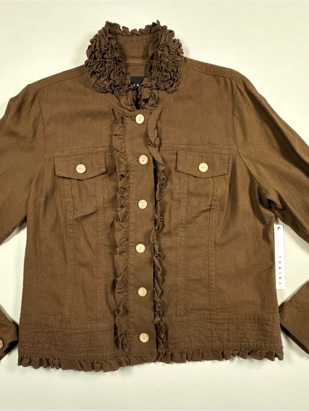 Tribal Linen Ruffle Jacket Brown Top Shiry Safari Boho Button Front Size 14